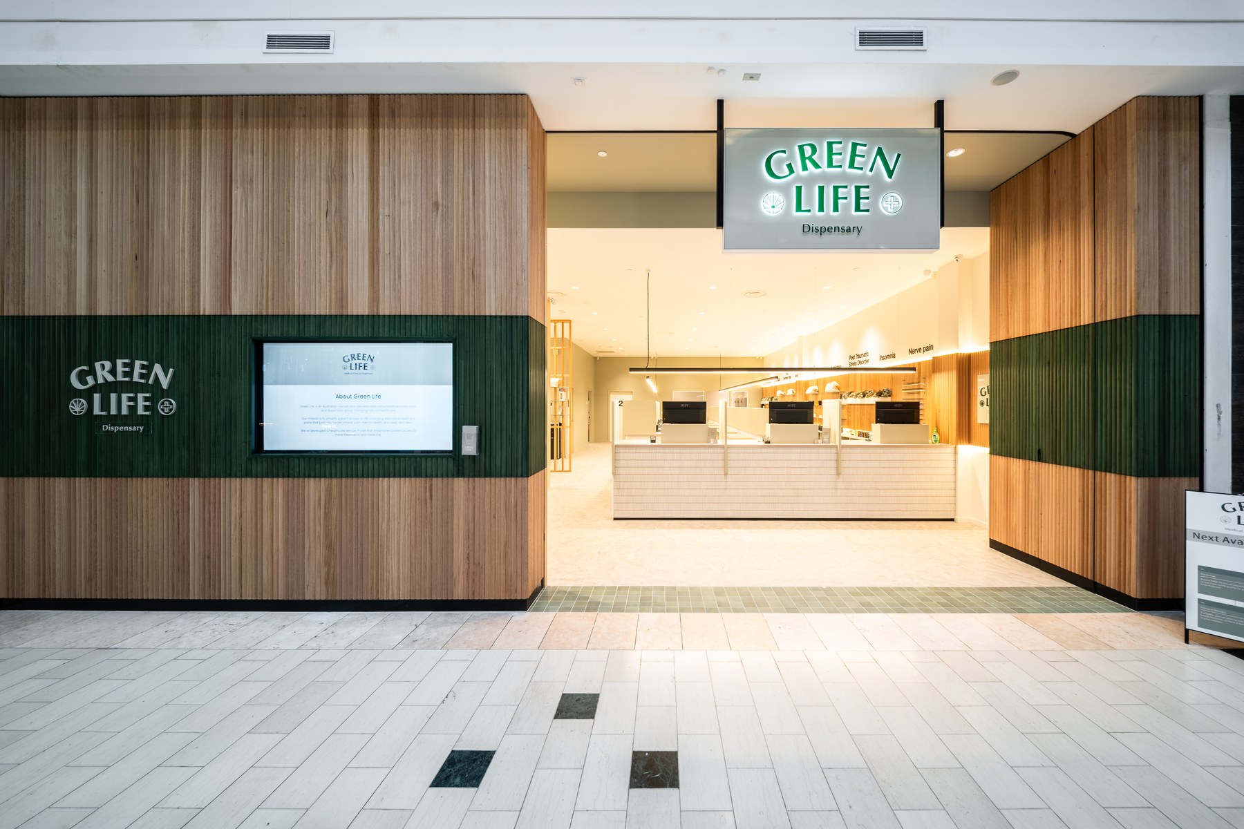 Greenlife Eastlands Shopping Centre completed shopfront with illuminated signage and retail fit-out lighting